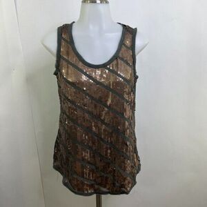 Ann Taylor‎ Loft Tank Top SP Petite PS Sequin Gold Gray Sheer Sleeveless